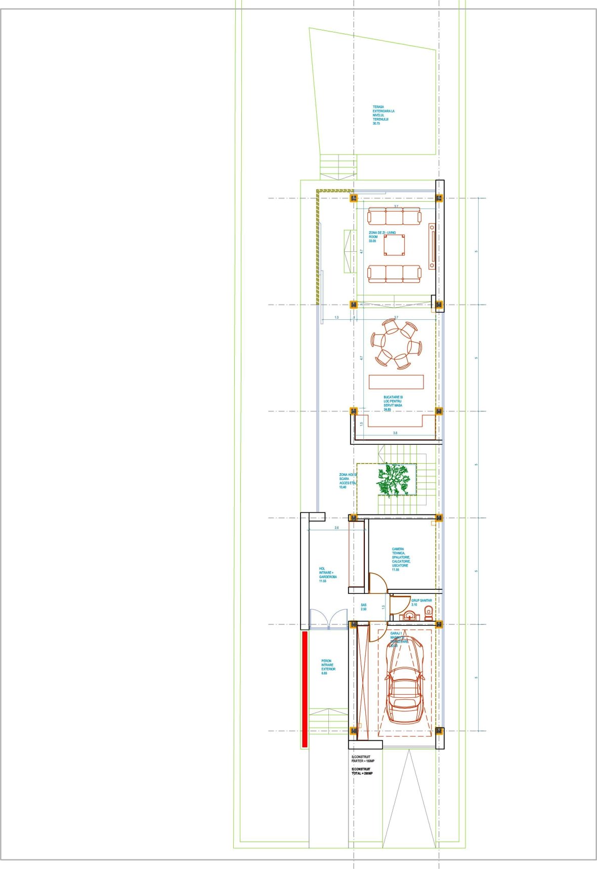 plan parter casa pe teren ingust