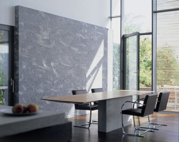 Interior-dining-room-dining-table-wooden-floor-marble-wall-fruit-on-the-plat-chair-door-open-venetian-blind-large-window-trees