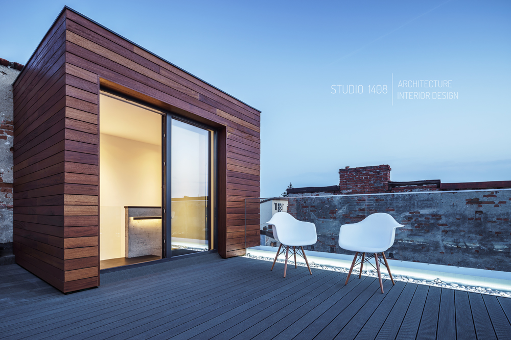 cartier vechi rezidential din bucuresti, casa din Romania, casa interbelica din bucuresti, fatada metalica ventilata, lemn iroko, reconsolidare, reconversie, stil minimalist, studio 1408, terasa pe acoperis, transformarea unei case degradate