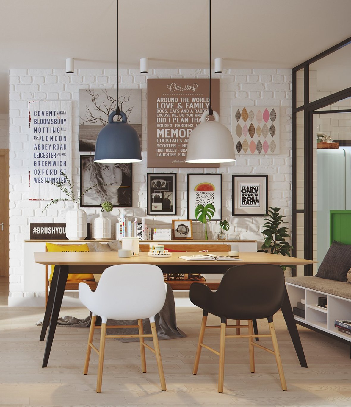 dining-table-mix-matched-chairs-white-brick