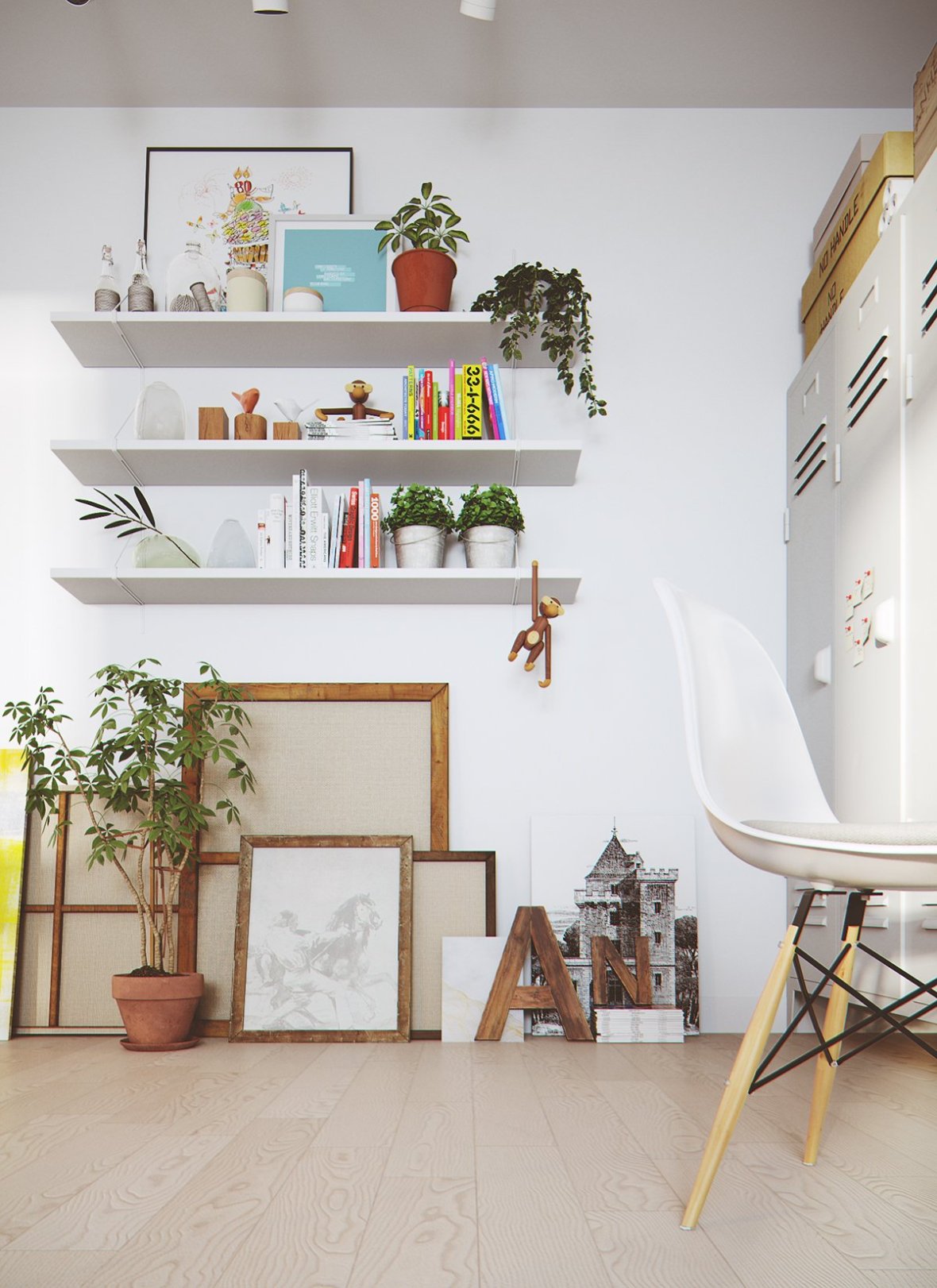white-shelves-greenery-wood-frames
